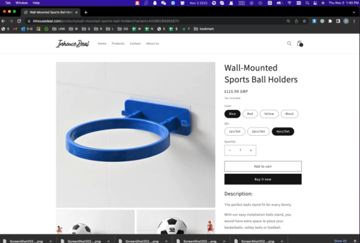 One, Two or Four Wall-Mounted Sports Ball Holders with Hooks