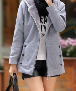 Women Fleece Lined Hooded Zipper Coat