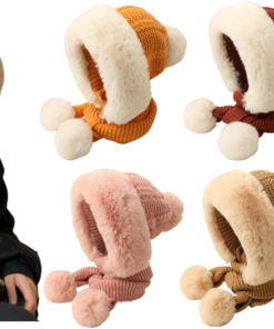 Women Winter Warm Plush Cap with Pom Pom Scarf