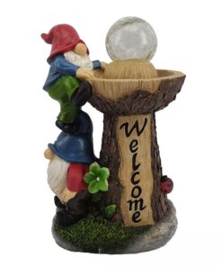 Climbing on Welcome Tree Trunk Garden Gnome Statue Solar Light
