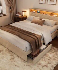 Upholstered LED light bed with four storage drawers