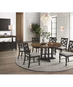 Brown/Gray Finish Round Table Top Upholstered Seats Chair Wooden Dining Room Furniture 7pc Set Solid Wood