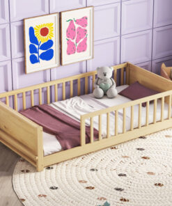 Twin size Floor Platform Bed with Built-in Book Storage Rack,Natural