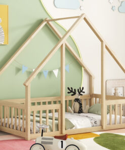 Twin Wood House-Shaped Floor Bed with Fence, Guardrails ,Natural