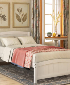 Wood Platform Bed with Headboard,Footboard and Wood Slat Support, White