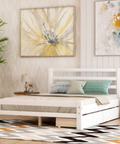 Wood platform bed with two drawers, full (white)