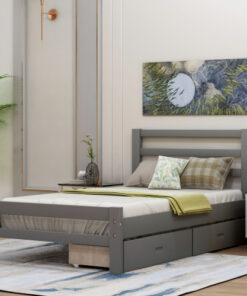 Wood platform bed with two drawers, twin (gray)