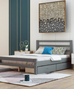 Wood platform bed with two drawers, full (gray)