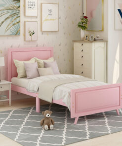 Wood Platform Bed Twin Bed Frame Mattress Foundation with Headboard and Wood Slat Support (Pink)