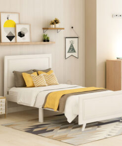 Wood Platform Bed Twin Bed Frame Mattress Foundation with Headboard and Wood Slat Support (White)