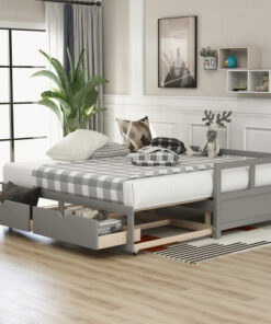 Wooden Daybed with Trundle Bed and Two Storage Drawers , Extendable Bed Daybed,Sofa Bed for Bedroom Living Room, Gray