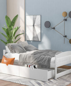 Twin size platform bed, with two drawers, white