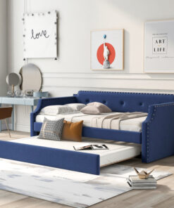Upholstered Daybed with Trundle, Wood Slat Support,Upholstered Frame Sofa Bed , Twin,Blue