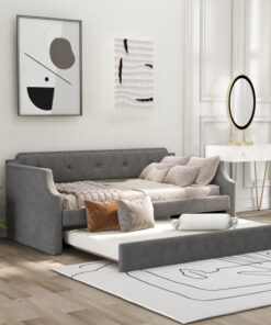 Upholstered Daybed with Trundle, Wood Slat Support,Upholstered Frame Sofa Bed , Twin,Gray