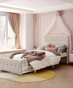 Twin Size Storage Bed Metal Platform Bed with a Big Drawer - Beige