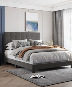 Upholstered Platform Bed with Tufted Headboard, Box Spring Needed, Gray Linen Fabric, Queen Size