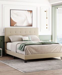 Upholstered Platform Bed with Tufted Headboard, Box Spring Needed, Beige Linen Fabric, Queen Size