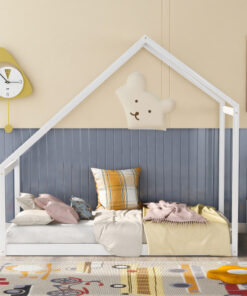 Twin Size Wooden House Bed, WHITE