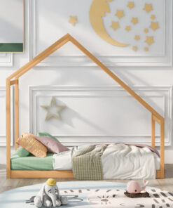 Twin Size Wooden House Bed, Natural