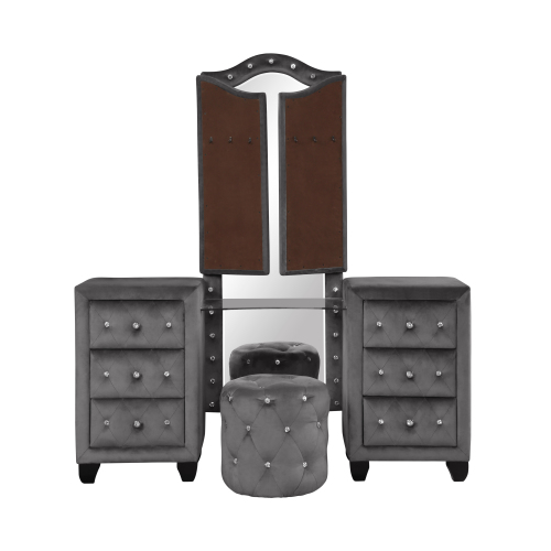 Maya Crystal Tufted Queen 4 Pc Vanity Bedroom Set Made with Wood in Gray - Image 28