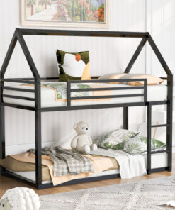 Twin over Twin House Bunk Bed with Built-in Ladder,Black