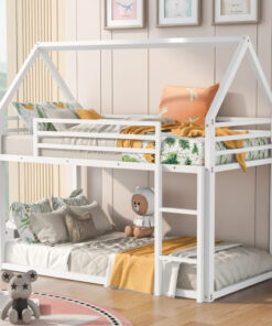 Twin over Twin House Bunk Bed with Built-in Ladder,White