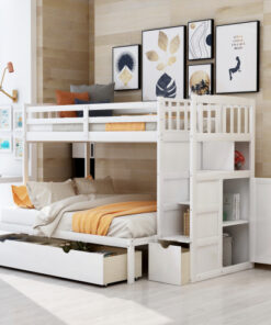 Twin over Full/Twin Bunk Bed, Convertible Bottom Bed, Storage Shelves and Drawers, White