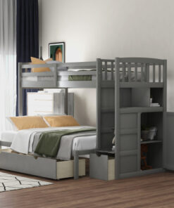 Twin over Full/Twin Bunk Bed, Convertible Bottom Bed, Storage Shelves and Drawers, Gray