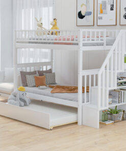 Twin over Twin Bunk Bed with Trundle and Storage, White