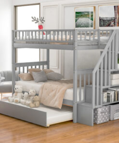 Twin over Twin Bunk Bed with Trundle and Storage, Gray
