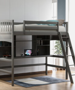 Twin size Loft Bed with Storage Shelves, Desk and Ladder, Gray(OLD SKU :LP000140EAA)