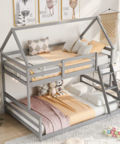 Twin over Full House Bunk Bed with Built-in Ladder,Gray