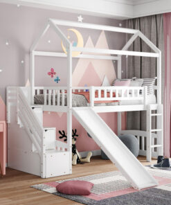 Twin Loft Bed with Two Drawers and Slide, House Bed with Slide, White (Old SKU: LP000130AAK)