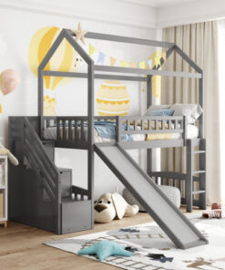 Twin Loft Bed with Two Drawers and Slide, House Bed with Slide, Gray (Old SKU: LP000130AAE)