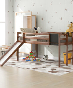 Twin size Loft Bed Wood Bed with Slide, Stair and Chalkboard,Walnut(OLD SKU :WF282115AAL)