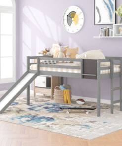 Twin size Loft Bed Wood Bed with Slide, Stair and Chalkboard,Gray(OLD SKU :WF282115AAE)