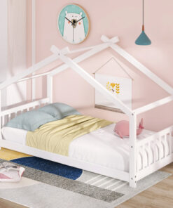 Twin Size House Bed Wood Bed, White