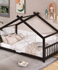 Twin Size House Bed Wood Bed, Espresso