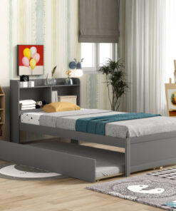 Twin Bed with Trundle,Bookcase,Grey