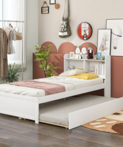 Twin Bed with Trundle,Bookcase,White