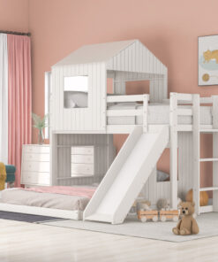 Wooden Twin Over Full Bunk Bed, Loft Bed with Playhouse, Farmhouse, Ladder, Slide and Guardrails, White(OLD SKU :LT000028AAK)