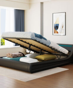 Upholstered Faux Leather Platform bed with a Hydraulic Storage System with LED Light Headboard Bed Frame with Slatted Queen Size