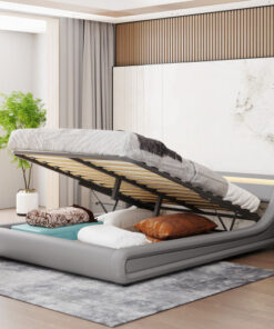 Upholstered Faux Leather Platform bed with a Hydraulic Storage System with LED Light Headboard Bed Frame with Slatted Queen Size