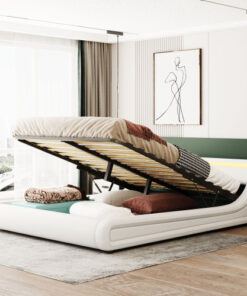 Upholstered Faux Leather Platform bed with a Hydraulic Storage System with LED Light Headboard Bed Frame with Slatted Queen Size