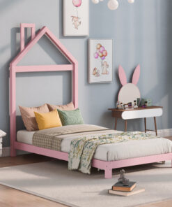 Twin Size Wood Platform Bed with House-shaped Headboard  (Pink)