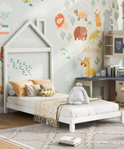 Twin Size Wood Platform Bed with House-shaped Headboard  (White)