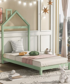 Twin Size Wood Platform Bed with House-shaped Headboard  (Green)