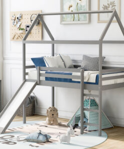 Twin Loft Bed with Slide, House Bed with Slide,Gray(OLD SKU :WF286245AAE)