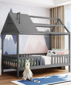 Twin Size Wood House Bed with Fence, Gray