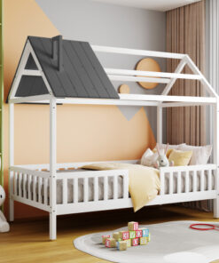 Twin Size Wood House Bed with Fence, White+Gray